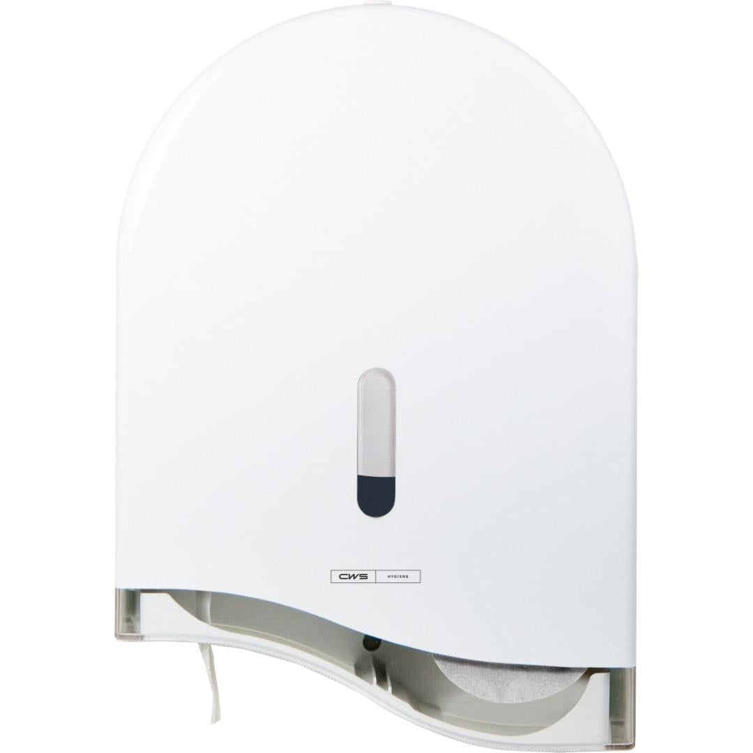 The CWS ParadiseLine jumbo roll toilet paper dispenser TPS Superroll, white panel, with lock, has a small viewing window for paper level and a bottom slot for easy removal - perfect for any toilet.