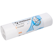 Eine Rolle DEISS 46917 weißer Müllbeutel (540x550x0,015 mm, 100 Stück) von EMIL DEISS KG (GmbH + Co.) in Kunststoffverpackung mit deutscher Info und einer Handabzieh-Illustration - ideal für die praktische Müllentsorgung.