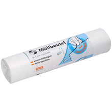 Eine Rolle DEISS 46919 weißer Müllbeutel von EMIL DEISS KG (GmbH + Co.), beschriftet mit "Müllbeutel", 30L, 510 x 570 mm, hygienisch wie Einweg-Handtücher, mit einfacher Öffnungsanleitung auf der Verpackung. Enthält 100 Beutel pro Rolle.