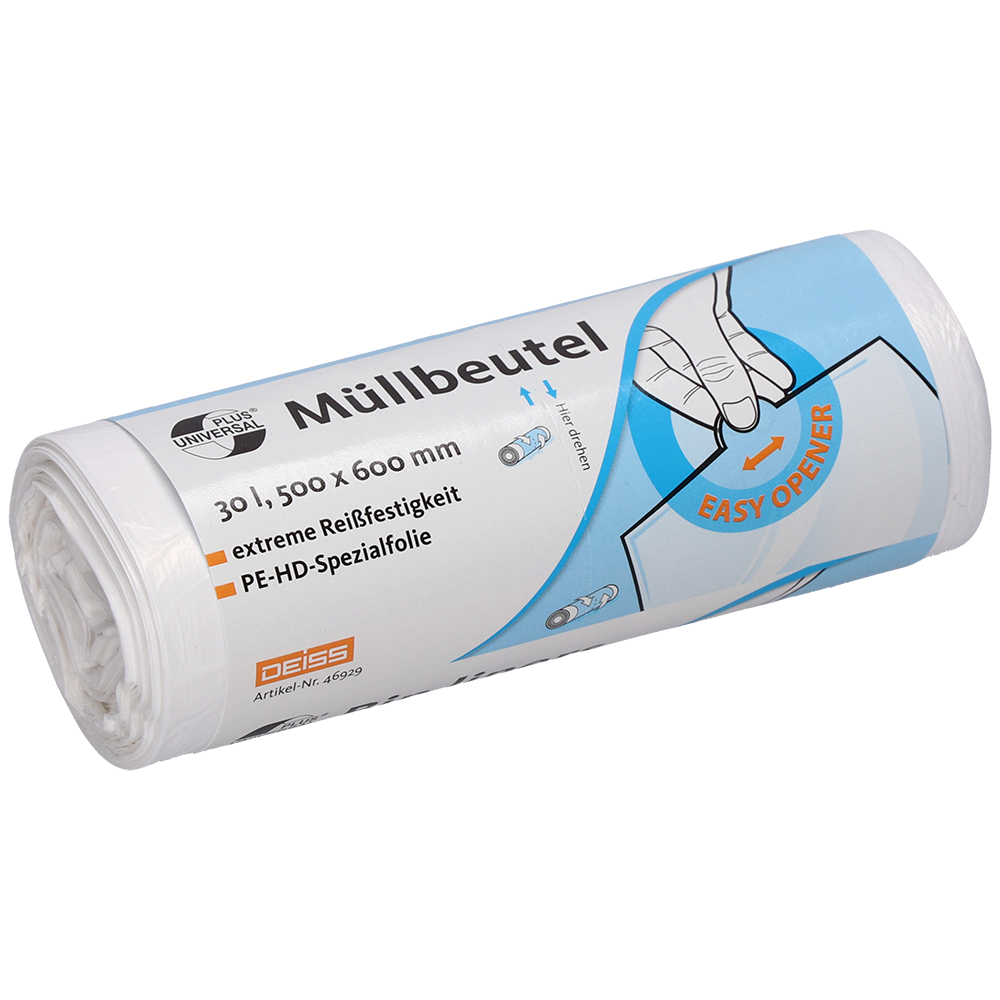 A roll of white DEISS garbage bags 500x600 mm made of HDPE, 30 liters, from EMIL DEISS KG (GmbH + Co.) with German text indicating the size and specifications, featuring a hand illustration highlighting the "EASY OPENER" and notes on tear-resistant garbage bags.