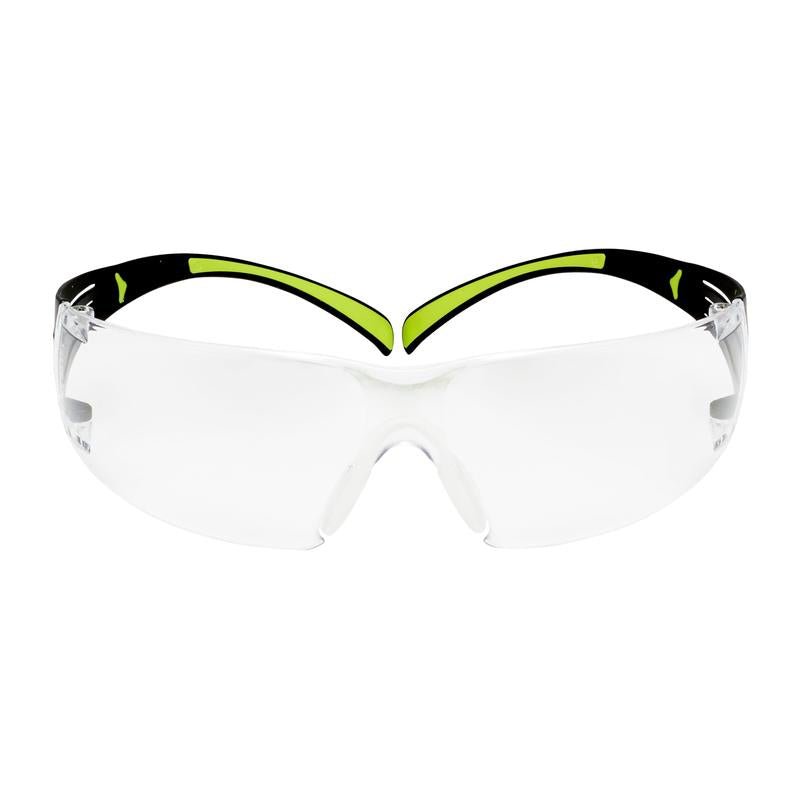 The 3M™ SecureFit™ Safety Glasses 400 from 3M Deutschland GmbH have clear, wraparound lenses and a black/neon green frame, depicted on the front against a white background.