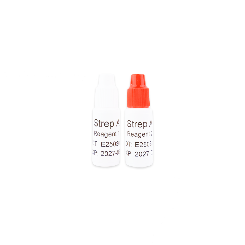 The Altruan Strep A - Bisaf Professional 1 Test (1 piece) includes two small reagent bottles for Strep A tests; one with a white cap ("Reagent 1") and one with a red cap ("Reagent 2"), both with batch and expiration dates on the white label.