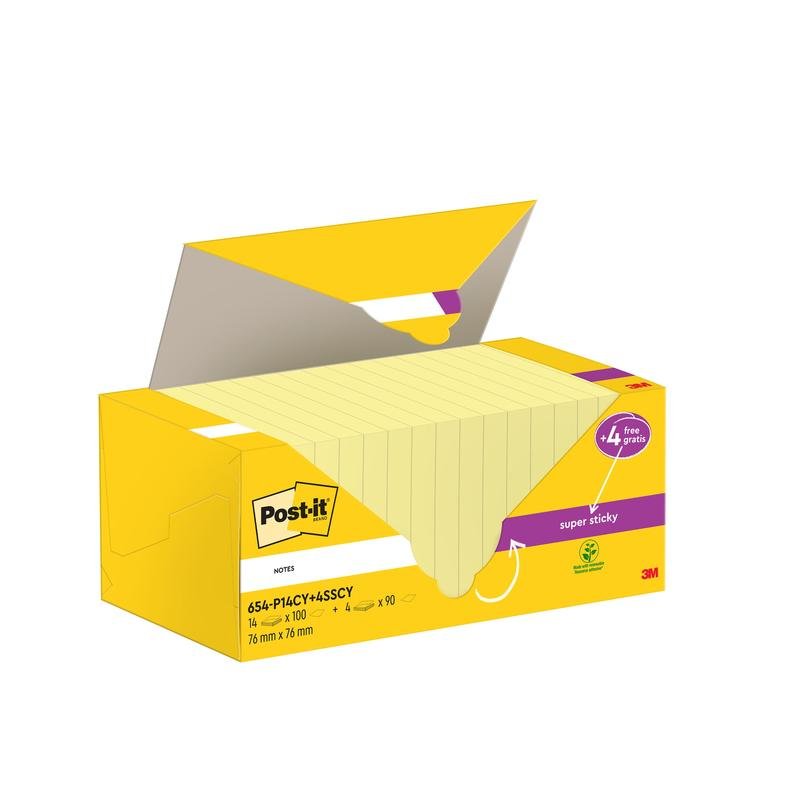 An open yellow box of Post-it® Notes (76x76 mm, 14 pads of 100 sheets) with 4 free Super Sticky Notes pads (90 sheets), PEFC-certified by 3M Deutschland GmbH.