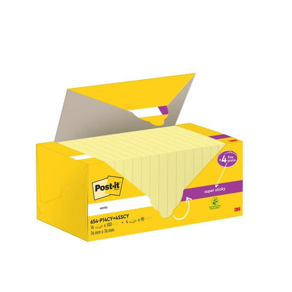 An open yellow box of Post-it® Notes (76x76 mm, 14 pads of 100 sheets) with 4 free Super Sticky Notes pads (90 sheets), PEFC-certified by 3M Deutschland GmbH.