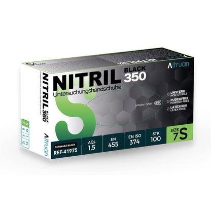 A box of Altruan Nitril 350 Black disposable gloves (black) from BINGOLD GmbH + Co. KG: Size 7S, latex-free, non-sterile, powder-free - 100 pieces per box with black/green design.