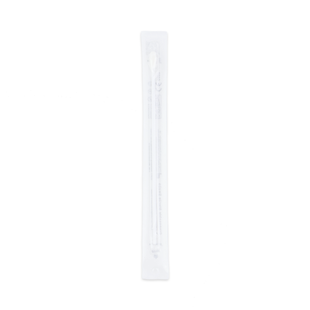 An Altruan Strep A - Bisaf Professional 1 Test swab for single use (1 piece) is sealed in a transparent plastic packaging and stands upright on a white background.