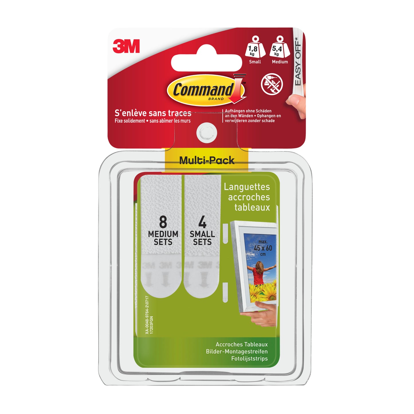 A pack of 3M Deutschland GmbH Command™ Picture Hanging Strips, 17203, with small and medium sizes (8 medium, 4 small), for nail-free picture hanging. The instructions are in German, English, and French.