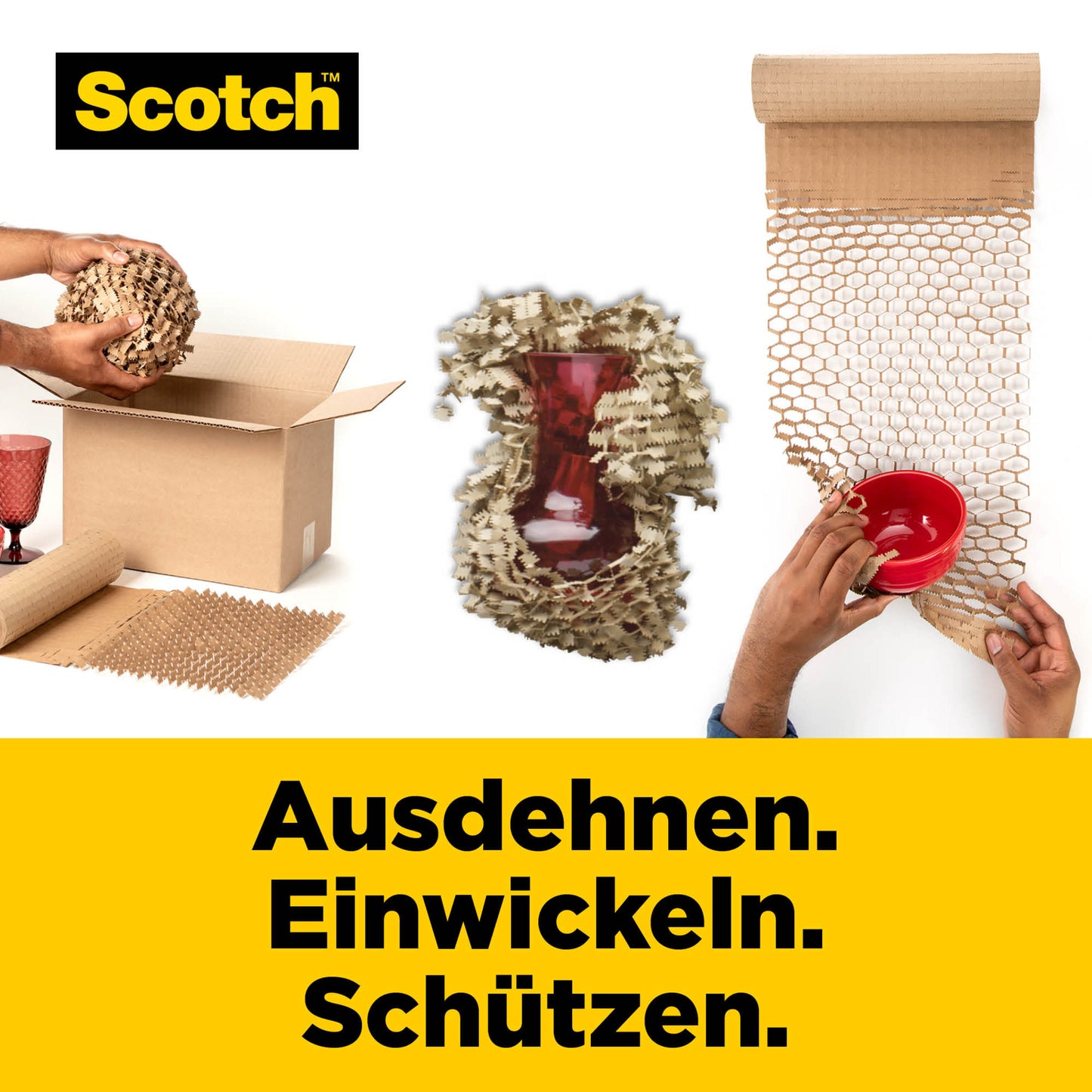 A person packs a red vase with Scotch™ Cushion Lock™ protective packaging, 30.4 cm x 9.14 m from 3M Deutschland GmbH; another packs a bowl. German text: "Expand. Wrap. Protect.