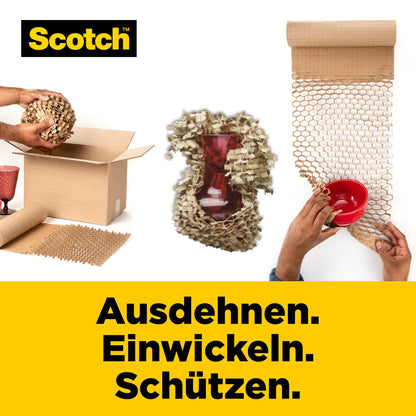 A person packs a red vase with Scotch™ Cushion Lock™ protective packaging, 30.4 cm x 9.14 m from 3M Deutschland GmbH; another packs a bowl. German text: "Expand. Wrap. Protect.