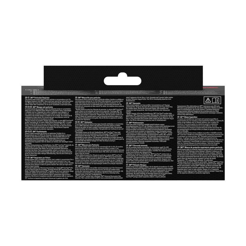 The image shows the back of a 3M™ Aura™ Comfort Cool Flow™ Particulate Respirator 9322+ (FFP2, with valve) from 3M Deutschland GmbH with several white text blocks in multiple languages on a black background, a hanging tab at the top center, and symbols at the top right.