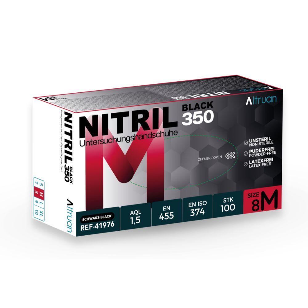A box of Altruan Nitril 350 Black disposable gloves, black, from BINGOLD GmbH + Co. KG. The packaging is black-red-white and describes the latex-free nitrile gloves in German and English. Size 8 M.
