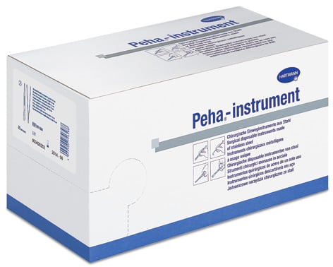 A white-blue rectangular box with the inscription "Peha-instrument" contains 40 sterile Hartmann splinter forceps straight 9cm from Paul Hartmann AG, with illustrations and the Hartmann logo in the top right corner.