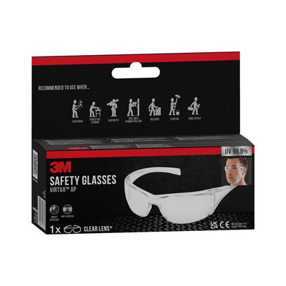 Pictured is a rectangular box of 3M™ Virtua™ Safety Glasses AP, clear lens from 3M Deutschland GmbH with an image of the safety glasses, application symbols, and information on eye protection, UV protection, and certification.
