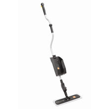 The TASKI ProSpeed device from Diversey Deutschland GmbH & Co. OHG, a black and silver mop for quick and easy application of coatings, with ergonomic design and flat, rectangular head, stands upright against a white background.