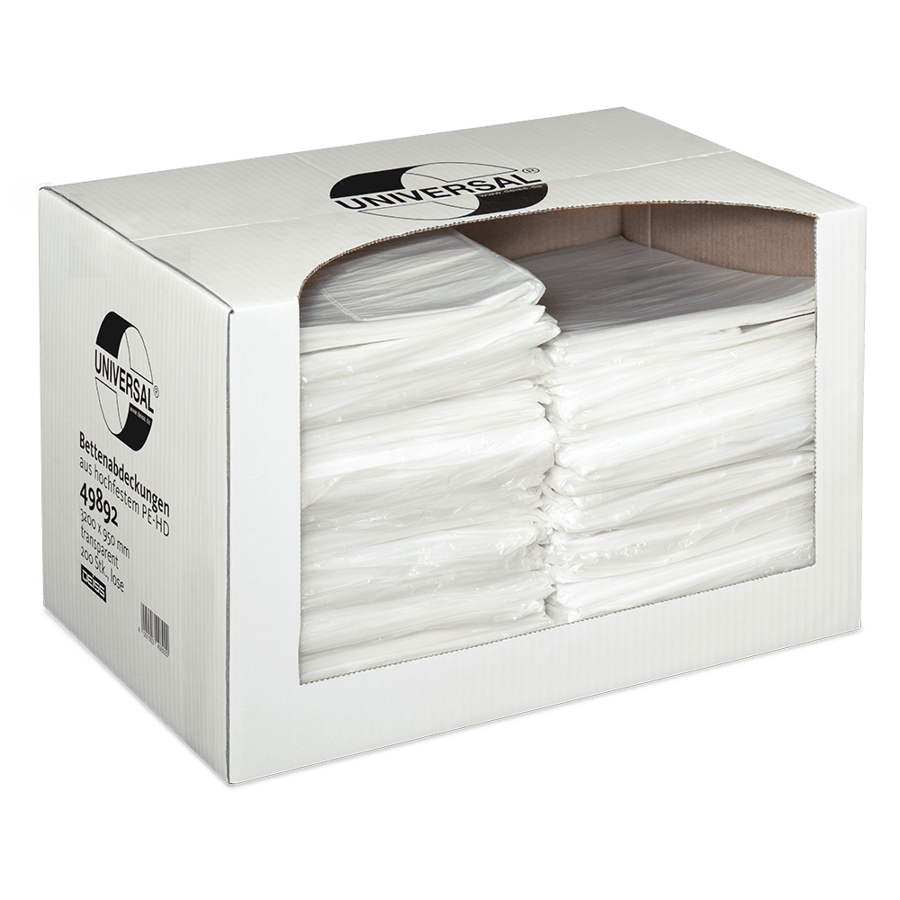 A white box from EMIL DEISS KG (GmbH + Co.) contains 200 transparent DEISS 49892 bed covers (3200x950x0.01 mm). A large window and a label indicate the contents - ideal hygiene protection for hospitals.