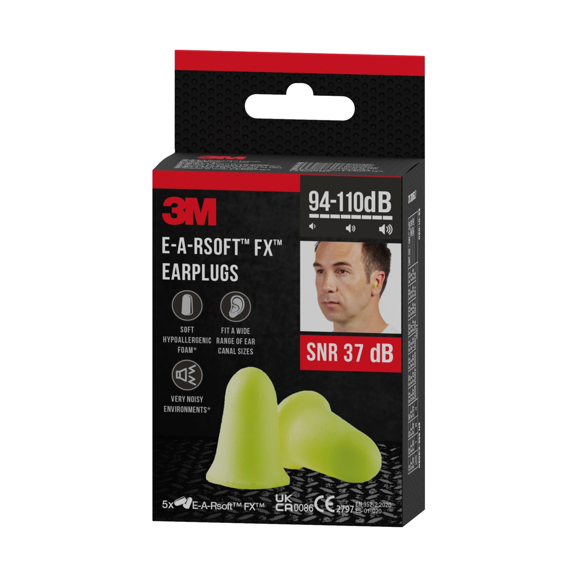 Eine Packung 3M™ E-A-Rsoft™ FX™ Ohrstöpsel (gelb, weicher Polyurethanschaum, SNR 37 dB, 5 Paar/Packung) von 3M Deutschland GmbH - ideal für den Lärmschutz in lauten Umgebungen (94-110 dB).