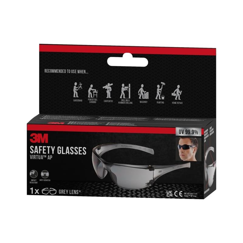 A box of 3M™ Virtua™ AP safety glasses, gray lens from 3M Deutschland GmbH offers 99.9% UV protection and the packaging shows images for use in gardening, construction, machinery, painting, and home repairs.