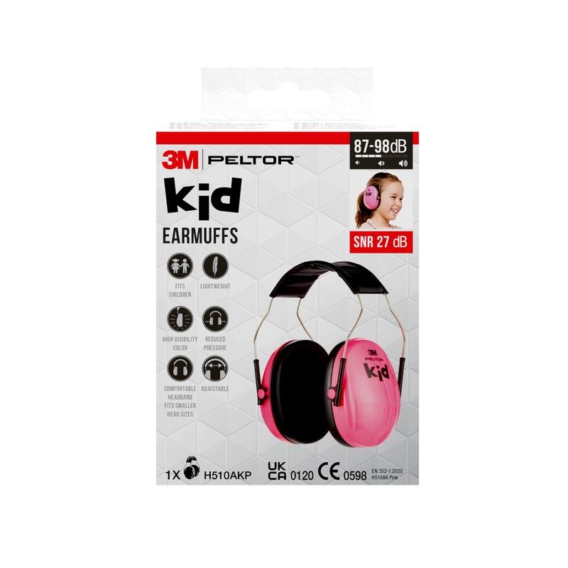 Front side of a 3M™ PELTOR™ earmuff for children packaging by 3M Deutschland GmbH with details about pink earmuffs, noise reduction, age suitability, lightweight, and comfortable ear cushions.