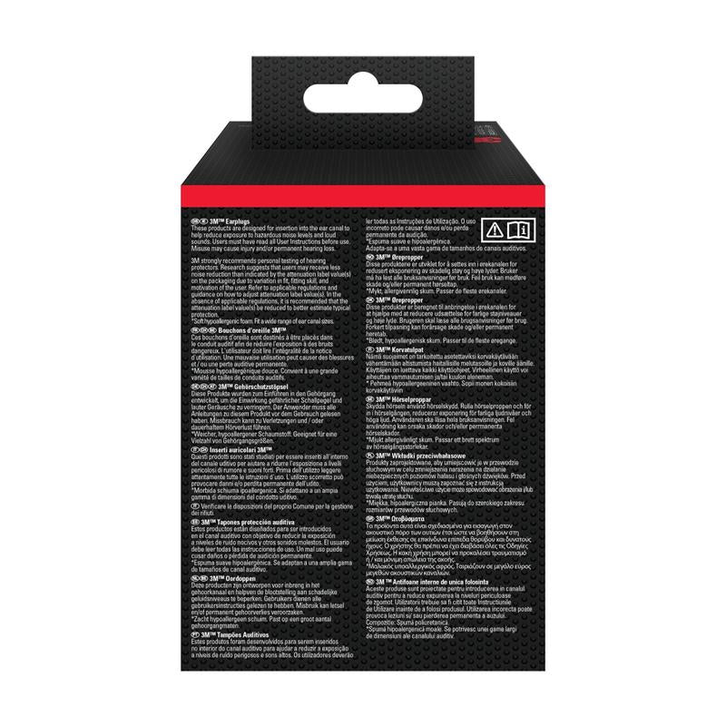 The image shows the back of a 3M™ Earplug 1100 (soft foam, SNR 35 dB, orange) from 3M Deutschland GmbH with a black background, white multilingual text, a hanger at the top and small warning symbols at the top right.