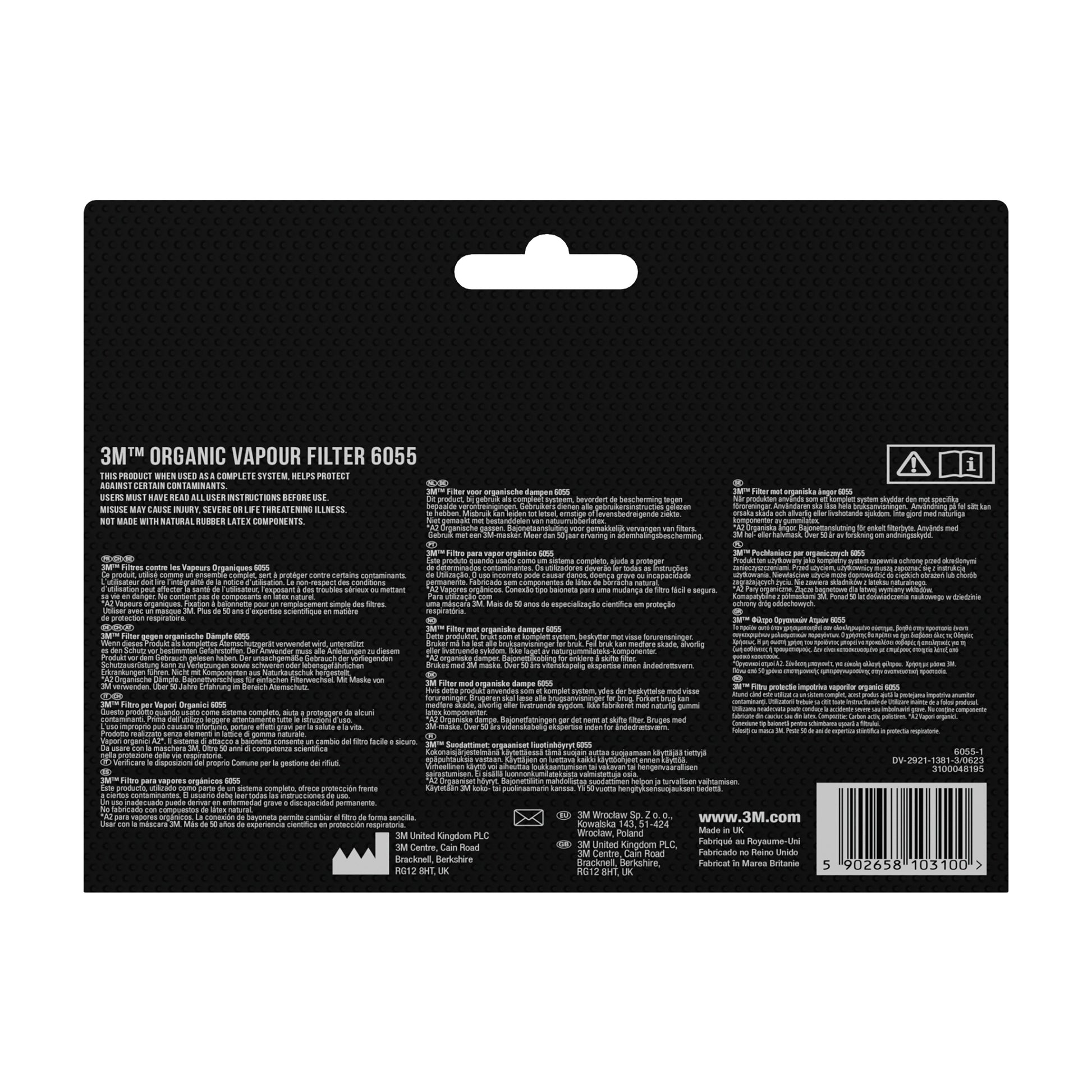 Rückansicht einer 3M™ Filtersatz 6004-1SP ABEK1P3 Kombinationsfilter (2x6059, 2x5935, 2x501) von 3M Deutschland GmbH Verpackung mit Produktinfo, Anleitung, Sicherheitssymbolen & Barcode. Geeignet für Atemschutz auf schwarzem Hintergrund.