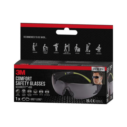 A box of 3M™ SecureFit™ Safety Glasses 400 from 3M Deutschland GmbH with gray lenses; the packaging features attributes like UV protection and usage suggestions (gardening, carpentry, painting) as well as images of the glasses and a wearer.