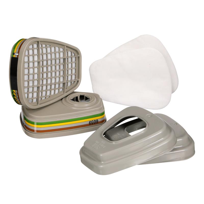 The 3M™ Filter Set 6004-1 from 3M Deutschland GmbH contains two ABEK1P3 Combination Filters (2x6059), two filter pads (2x5935), and two plastic covers (2x501) on a white background.