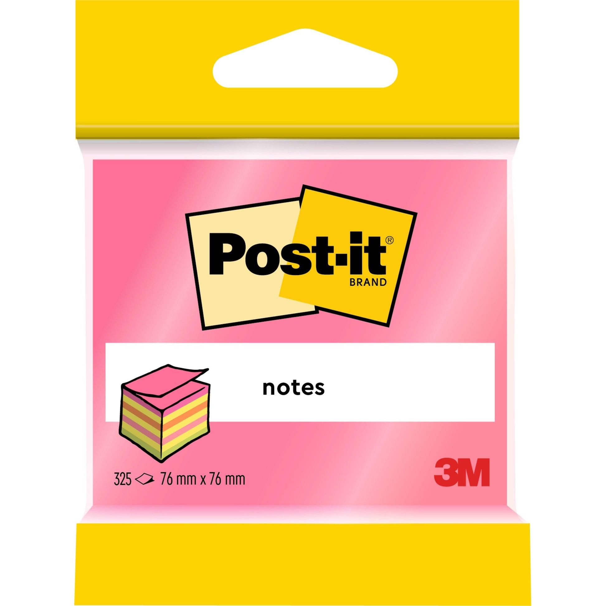 Eine Packung Post-it® Notes Würfel von 3M Deutschland GmbH in rosa und gelb, 76x76 mm, 325 Blatt pro Block. Das Etikett zeigt das Post-it Logo, "Notizen", die Abbildung von gestapelten Notizen und das 3M Logo unten rechts.