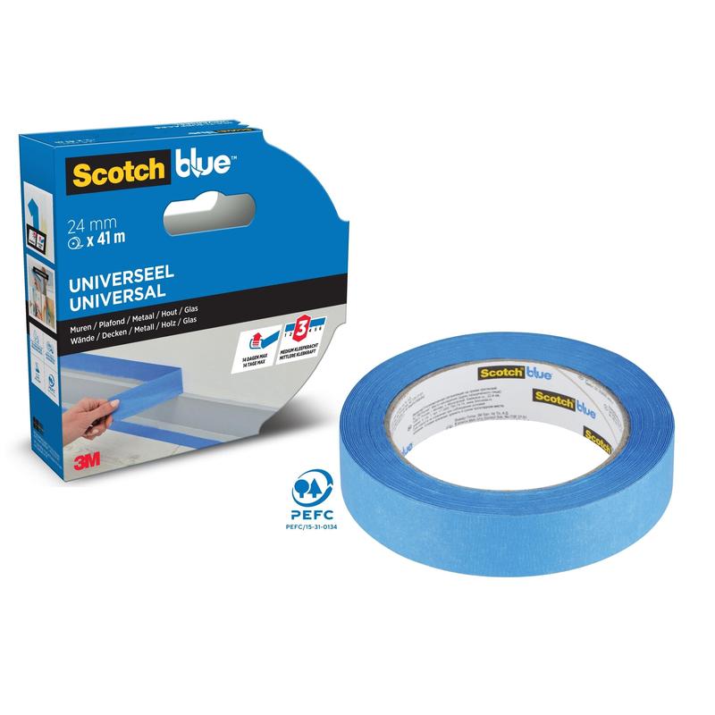 A roll of ScotchBlue™ Painter's Tape "Multi-Surface" by 3M Deutschland GmbH (24 mm x 41 m) is shown next to the packaging, which is marked for universal use on multiple surfaces and bears the ScotchBlue and 3M branding.