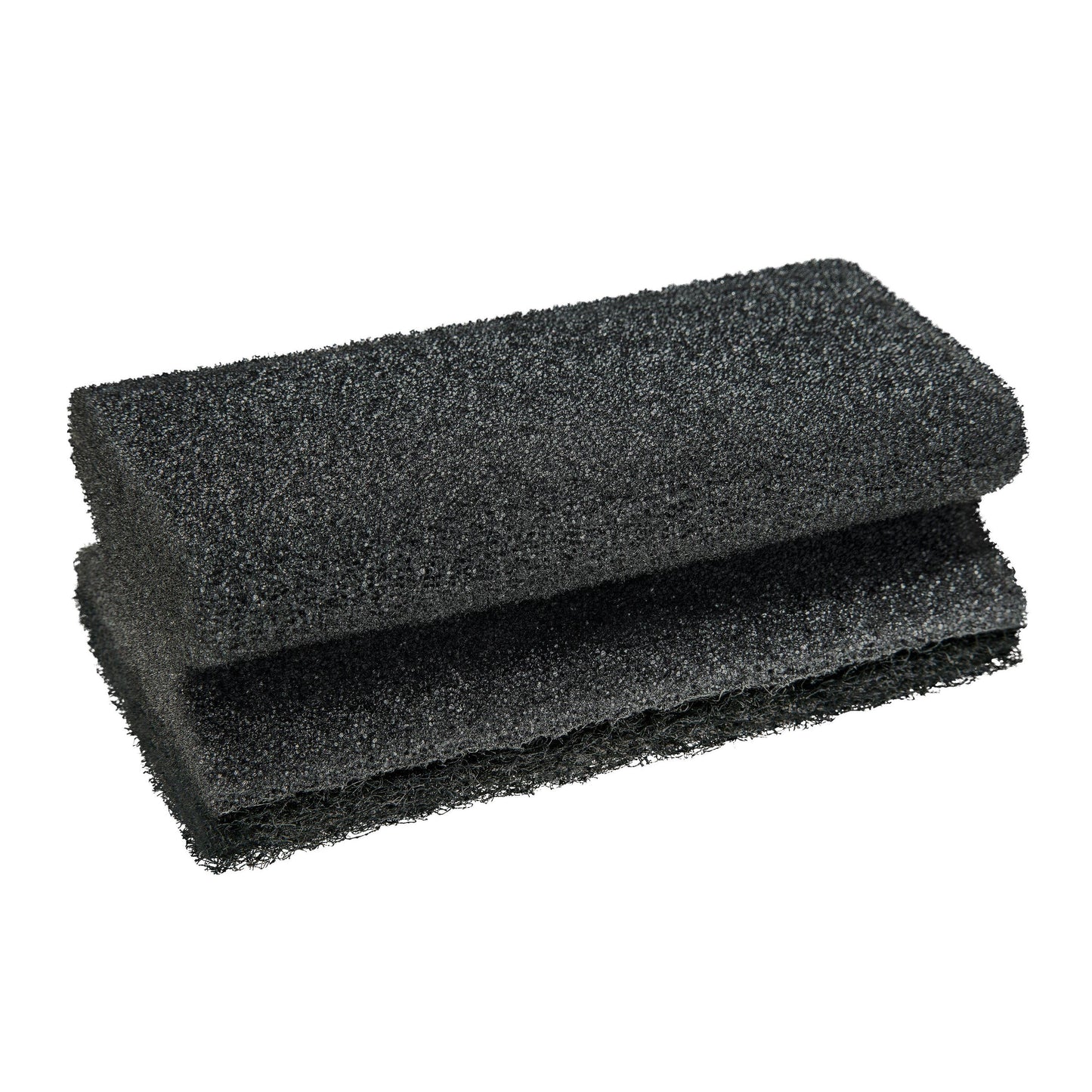 The Scotch-Brite® Grill Handle Sponge from 3M Deutschland GmbH is a black, rectangular, coarse cleaning sponge - folded in half and depicted on a white background - perfect for grill cleaning; 1 piece per package.