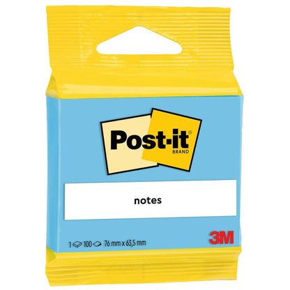 A pack of Post-it® Notes from 3M Deutschland GmbH, 100% PEFC, contains 100 sheets in the format 63.5 mm x 76 mm and is designed in yellow and blue with the Post-it logo.