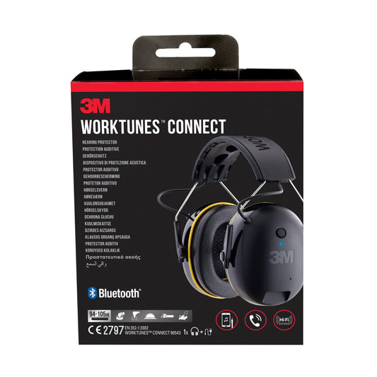 Eine schwarz-rote 3M™ WorkTunes™ Connect Kapselgehörschutz 90543E (Bluetooth®, SNR 31 dB, Schwarz, 1 Stück) Box der 3M Deutschland GmbH, mit einem Kopfhörerbild und mehrsprachiger Produktinformation auf der Vorderseite.
