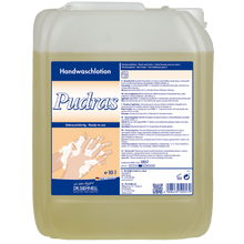 Der 10-Liter-Dr. Schnell PUDRAS ohne Duft und Farbstoffe der DR.SCHNELL GmbH & Co. KGaA ist hypoallergen, hautschonend und wird in einem blau-weiß beschrifteten Behälter mit Anwendungshinweisen und Handwaschbildern geliefert.