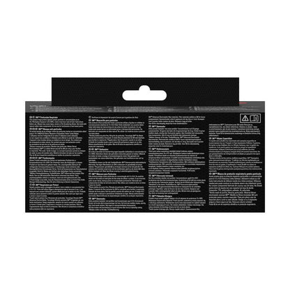 Back side of a rectangular 3M™ Aura™ Comfort Particulate Respirator 9320+, FFP2, without valve (package of 1 piece) from 3M Deutschland GmbH, mostly black with several sections of small multilingual text and symbols, as well as a cut-out hanging tab at the top center.