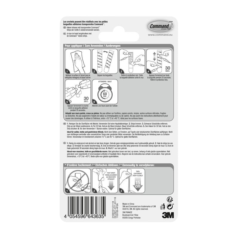 On the back of the Command™ stainless steel metal hook size S, 17031SS-4ES (4 hooks, 5 strips) from 3M Deutschland GmbH, there is a multilingual instruction with diagrams, barcode, safety instructions, tips for wall organization, and the 3M logo.