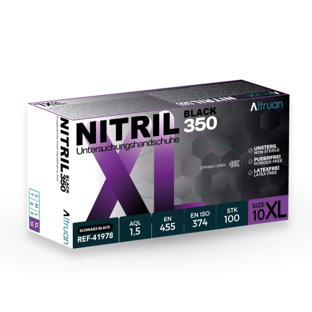 A box of BINGOLD Altruan Nitril 350 Black disposable gloves - non-sterile, latex-free, powder-free black examination gloves. Each box contains 100 pieces in black, white, and purple packaging.