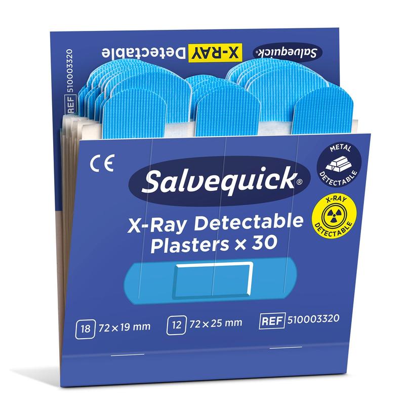 An opened package of Orkla Wound Care AB Salvequick X-ray detectable contains 30 blue, X-ray detectable plasters in two sizes. The packaging is labeled with "30 pieces/refill" and comes in a pack of 6.