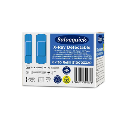 A package of Orkla Wound Care AB Salvequick X-ray detectable plasters (30 pieces/refill), six packs per carton, depicted with blue bandages and product information on a white-blue packaging.