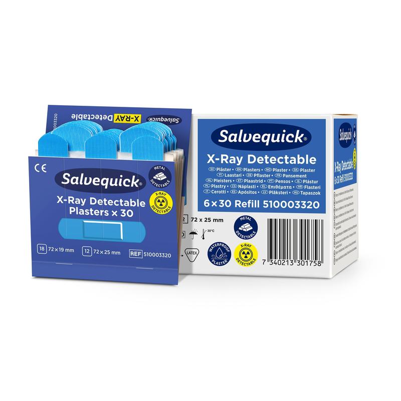 A partially opened box of Salvequick X-ray detectable (30 pieces/refill) from Orkla Wound Care AB shows blue plasters next to the white-blue refill packaging. Product details and quantity are highlighted.