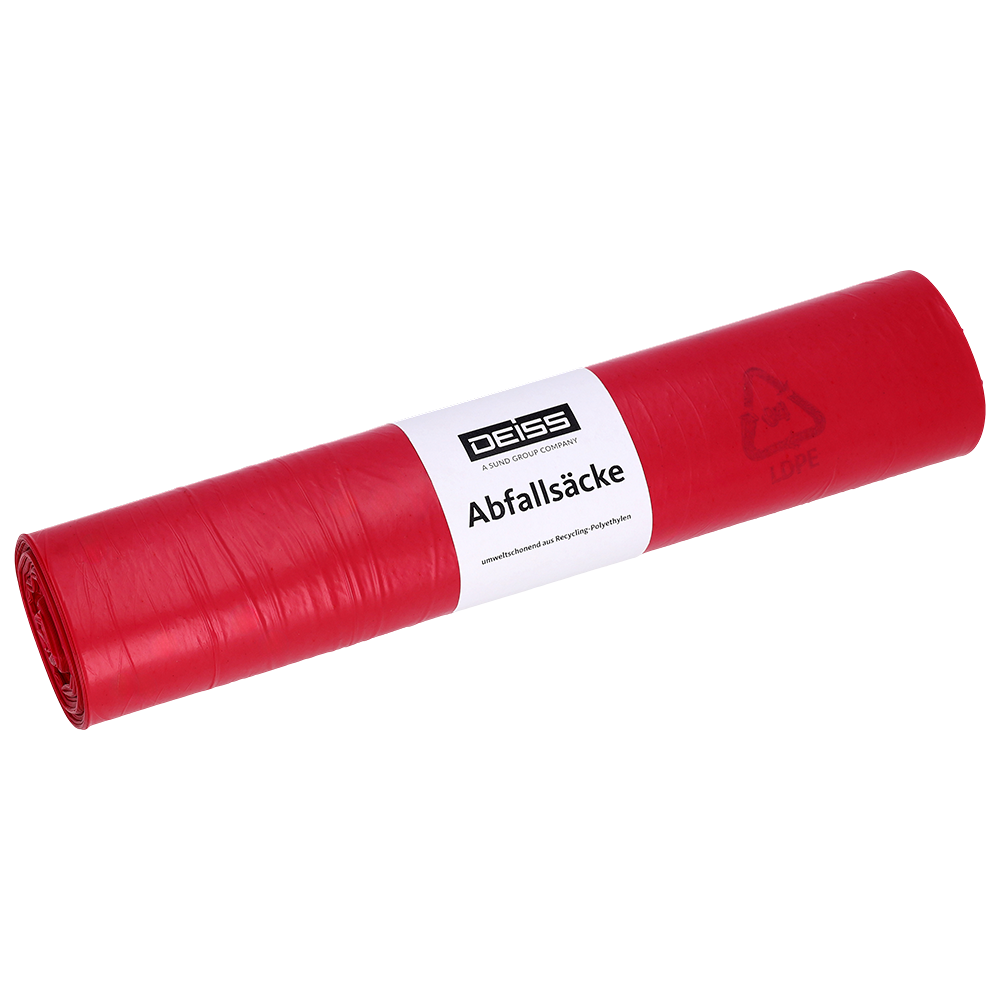 Rote EMIL DEISS KG (GmbH + Co.) Müllsäcke Typ 20, 70 l, HDPE, 575x1000 mm, gerollt, mit weißem "DEISS Abfallsäcke"-Etikett und Recycling-Symbol auf weißem Grund.