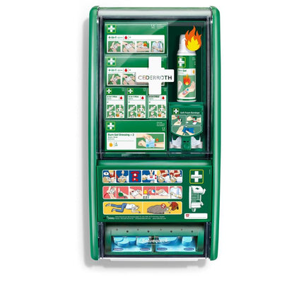 The Cederroth first aid & burn station from Orkla Wound Care AB (1 package) offers organized first aid materials including burn gel, bandages, and illustrated instructions in a green station.