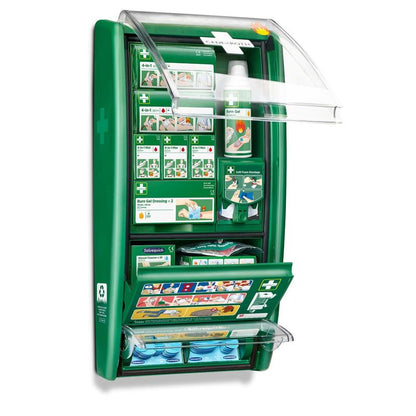 The Orkla Wound Care AB Cederroth first aid & burn station (1 package) is a green, wall-mounted set with labeled compartments for bandages, burn gel, dressings, and supplies; transparent covers make the contents and usage instructions visible.