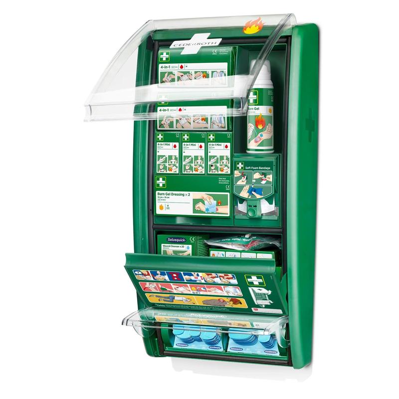The Cederroth first aid & burn station from Orkla Wound Care AB is a green, wall-mounted set in a package with compartments for burns, gels, and bandages, as well as an illustrated guide in the lid and compartments.