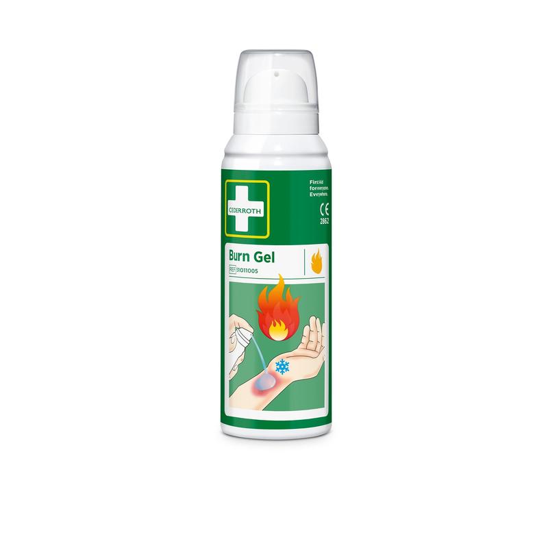 Ein 100-ml-Kanister Cederroth Verbrennungsgel-Spray von Orkla Wound Care AB mit einem grünen Etikett mit dem Produktnamen, einem weißen Kreuz oben und einer Abbildung des Gels, das auf einen sonnenverbrannten Arm aufgetragen wird.