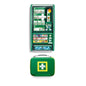 A green Orkla Wound Care AB Cederroth First Aid & Burn Station Set DIN 13157 (22.7x29.4x57.2 cm, 91 parts) is mounted on the wall above a matching closed portable set; both display a yellow-white cross logo.
