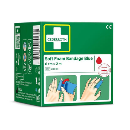 On a green box, Cederroth soft foam bandage blue 6 cm x 2 m (1 piece) from Orkla Wound Care AB, the product name, application images, and certification symbols are displayed on the packaging.