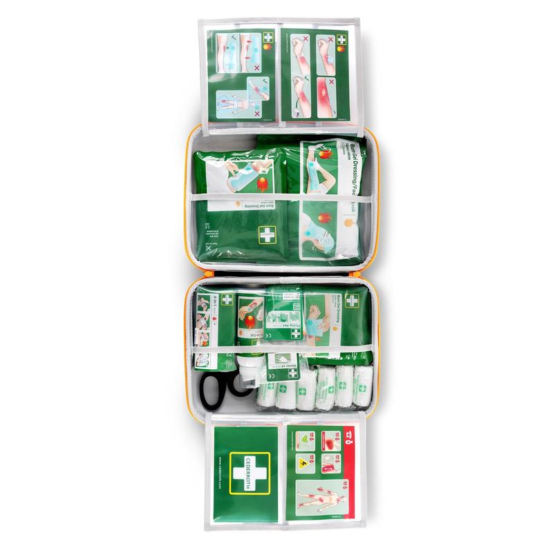 Das Cederroth erste-hilfe-set für verbrennungen von Orkla Wound Care AB ist aufgeklappt und zeigt geordnete Fächer mit Verbänden, Scheren und Anleitungskarten mit visuellen Anleitungen am oberen und unteren Rand des Kits.