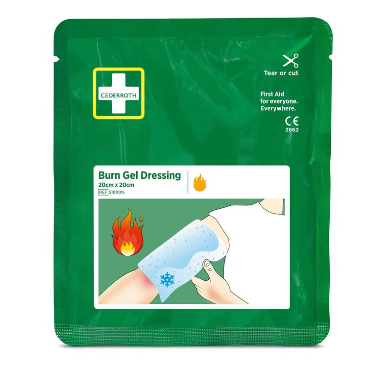 On a green package labeled "Cederroth burn dressing 20x20 cm | Pack (1 piece)" from Orkla Wound Care AB, a hand is depicted applying the sterile compress to a burned arm, with symbols for first aid for burns and relief of discomfort.