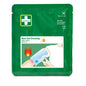 On a green package labeled "Cederroth burn dressing 20x20 cm | Pack (1 piece)" from Orkla Wound Care AB, a hand is depicted applying the sterile compress to a burned arm, with symbols for first aid for burns and relief of discomfort.