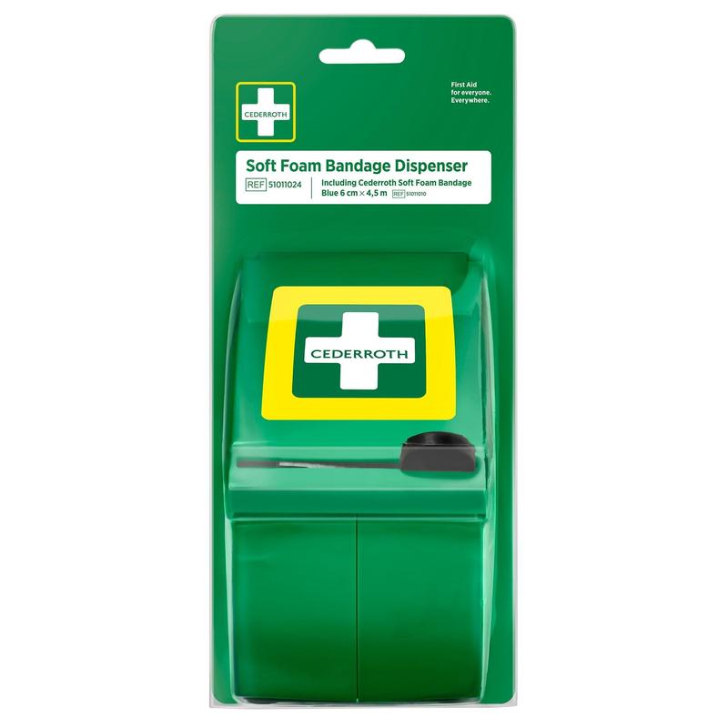 The Orkla Wound Care AB Cederroth Soft Foam Bandage Dispenser blue (1 piece) comes in its packaging with a white cross on green, clear labeling and contains a roll of blue, self-adhesive bandages for initial wound care.
