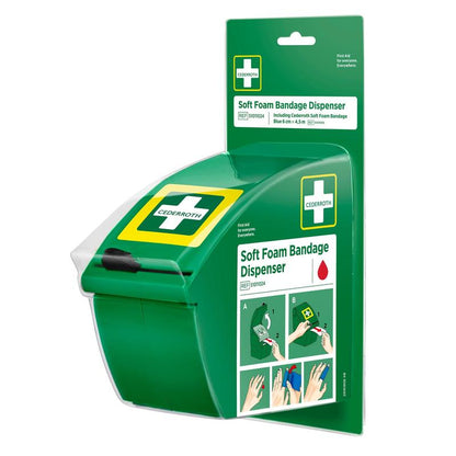 The Cederroth soft foam bandage dispenser blue from Orkla Wound Care AB is a wall-mounted dispenser for first aid with blue self-adhesive foam rolls. The packaging contains product information, the brand logo, and an illustrated instruction. Package (1 piece).